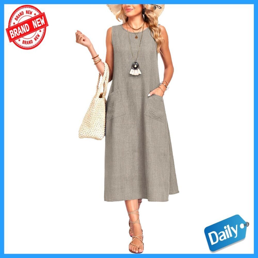 Sleeveless Midi Sundress with Pockets, Polyester Casual Summer Dress